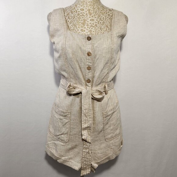 Shinestar Women Size M Linen Blend Button Front Belted Sleeveless Romper Casual - Picture 1 of 15